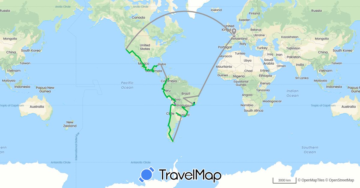 TravelMap itinerary: driving, bus, plane, train, boat in Argentina, Bolivia, Brazil, Chile, Colombia, Cuba, Ecuador, France, Guatemala, Mexico, Peru, Paraguay, United States, Uruguay (Europe, North America, South America)